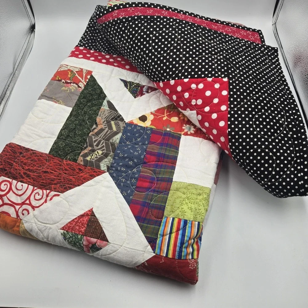 VTG Hand-quilted Scrap Quilt Colorful GrandmaCore CottageCore Double Side Geo